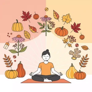 illustration d'une personne en position de méditation, entourée de fruits, légumes et de feuilles aux couleurs de l'automne, symbolisant une détox pour le corps et le mental
