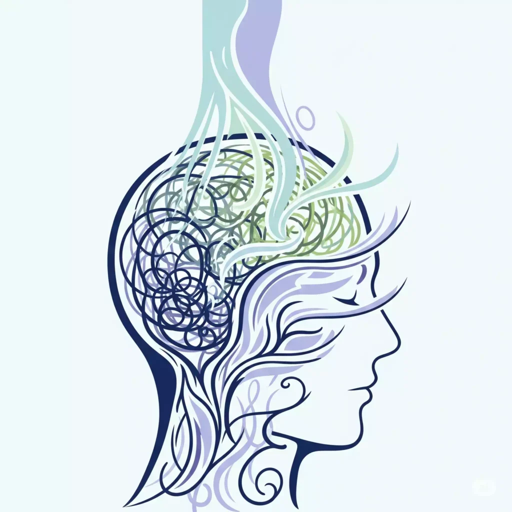 Illustration représentant une tête apaisée et des flux d'énergie, symbolisant le GABA comme antidote naturel à l'anxiété