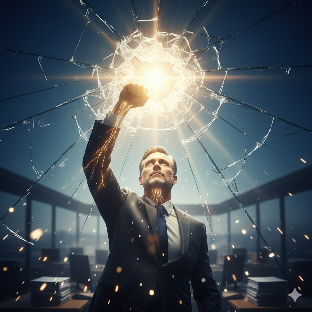 Leader en costume brisant le plafond de verre de sa carrière pour atteindre une source de lumière représentant le pilotage énergétique et la lucidité