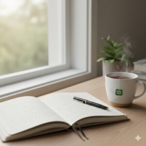 Carnet de gratitude ouvert sur un bureau en bois à côté d'une tasse de thé fumante devant une fenêtre lumineuse, symbolisant l'écoute de soi et la sérénité métabolique