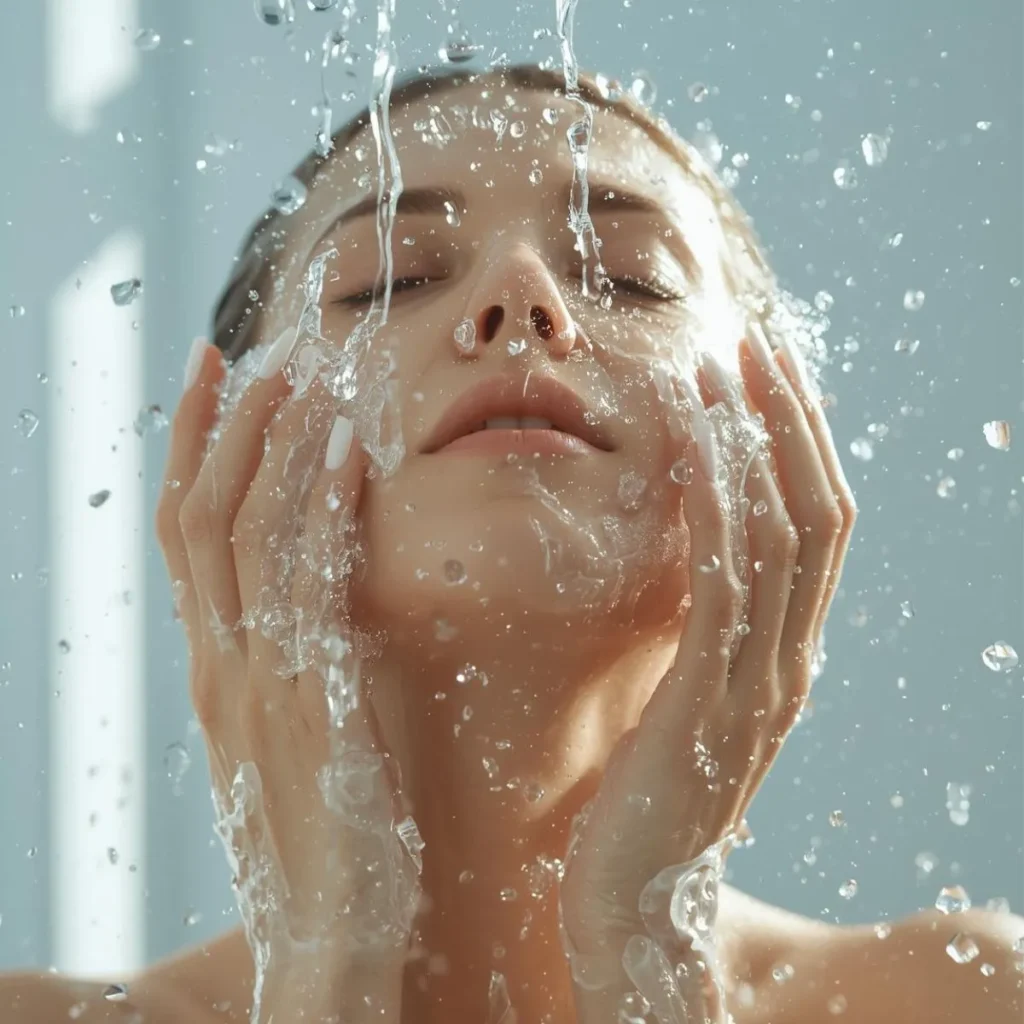 Gros plan artistique d'une femme recevant de l'eau fraîche et claire sur le visage pour stimuler le nerf vague. Ambiance de bien-être pur et de vitalité naturelle, illustrant la méthode Maviezaine